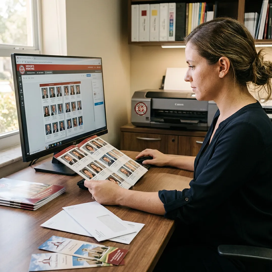 Designer reviewing church booklet print layout