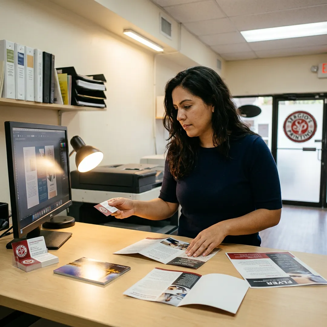 Designer reviewing custom flyer and brochure layouts