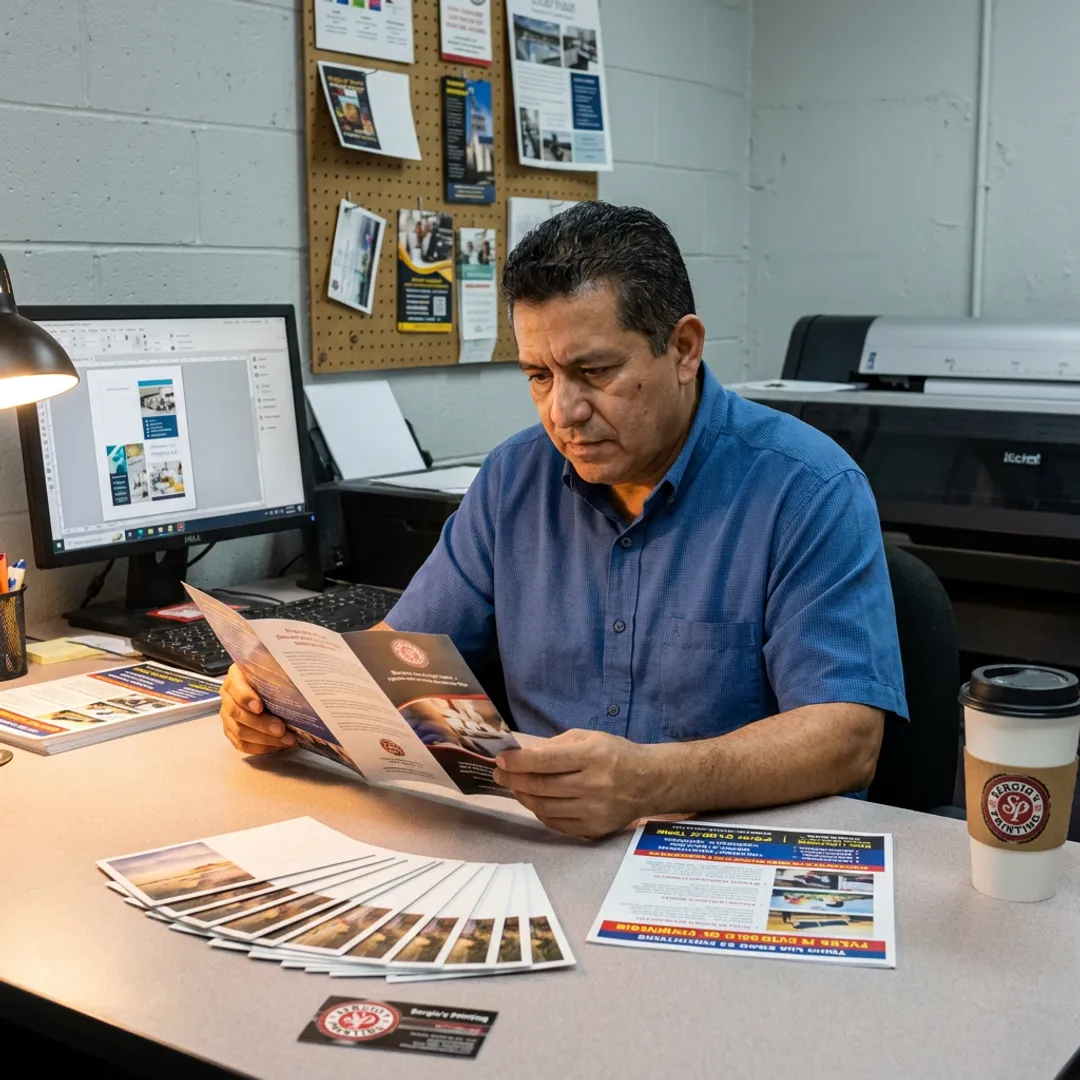 Designer reviewing print marketing layouts