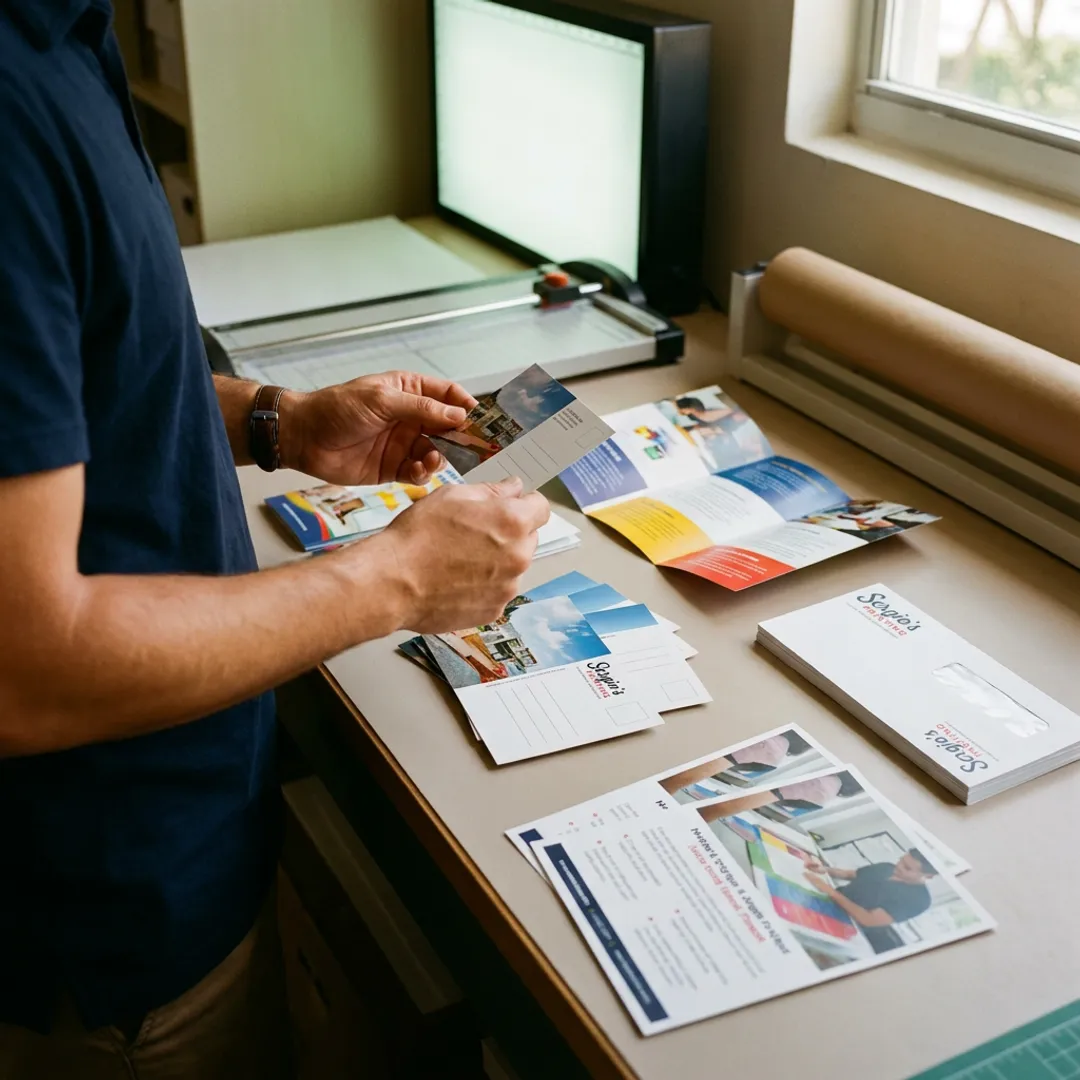 Print shop team preparing marketing materials