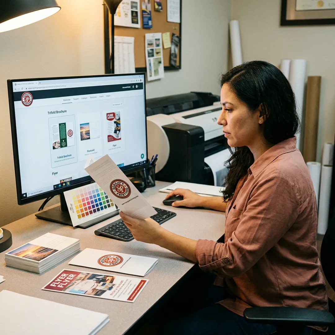 Designer preparing efficient print layouts for marketing materials