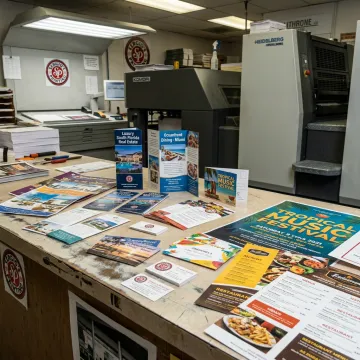 Printed marketing materials on a print shop counter