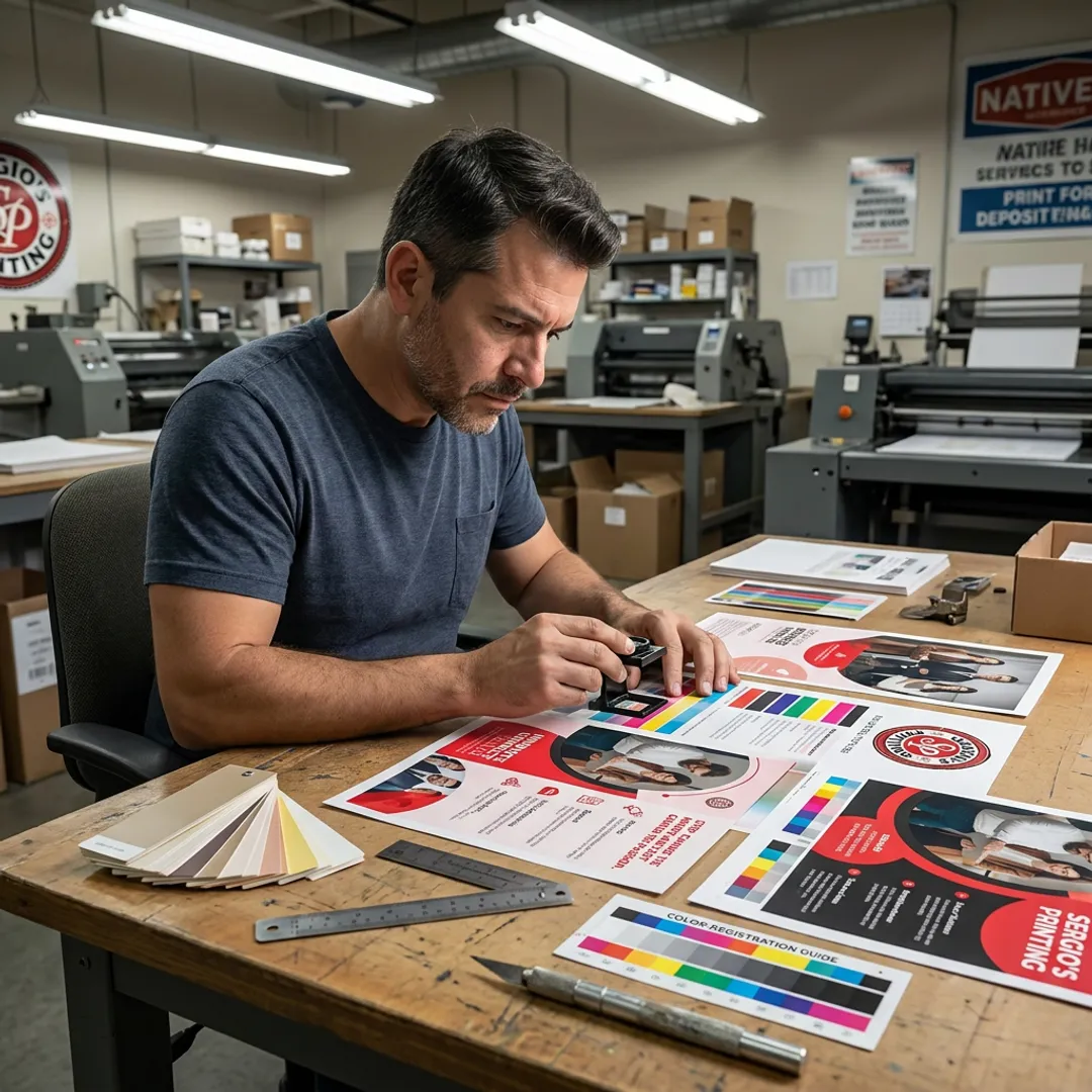Designer reviewing brochure proofs at a print shop