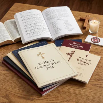 Printed church booklets and directories on a table