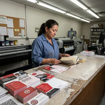 Print shop team reviewing brochure proofs