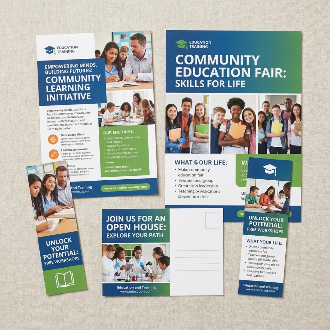 Printed school communication materials with flyers, posters, and postcards