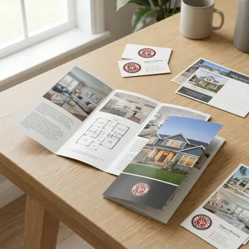 Real estate tri-fold brochures displayed on a desk