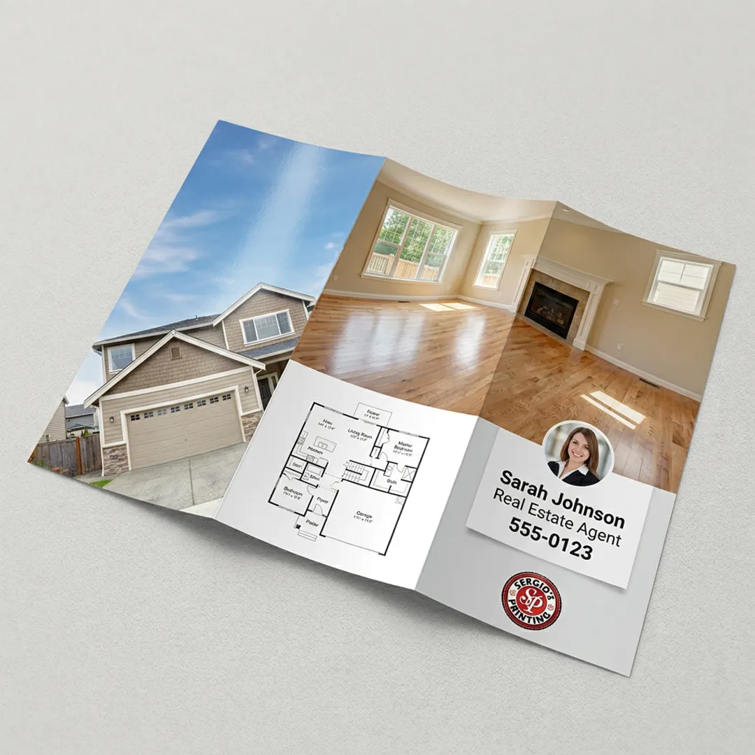 Real estate brochure with property photos and agent branding