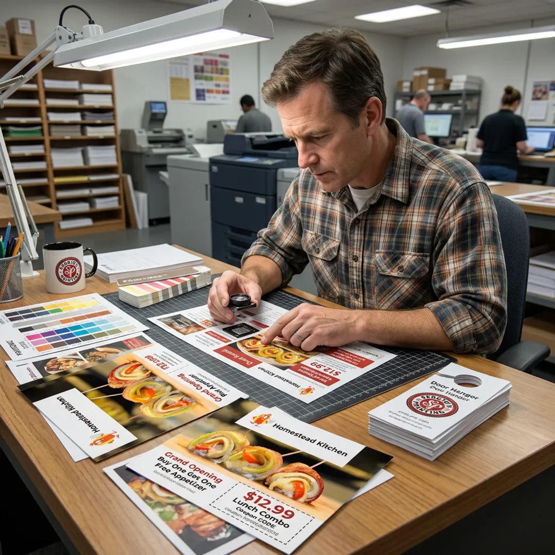 Designer reviewing restaurant flyer proofs