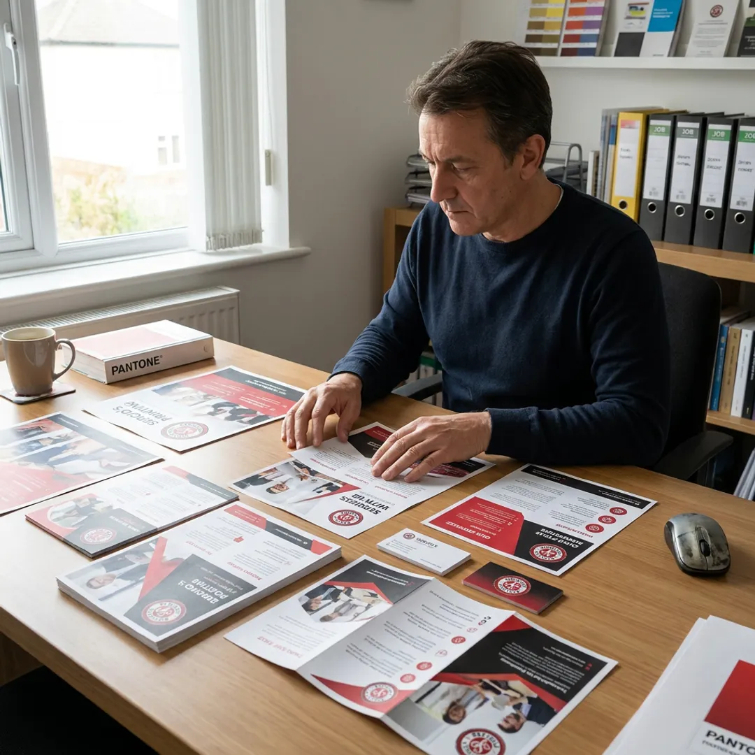Designer reviewing trade show display print materials
