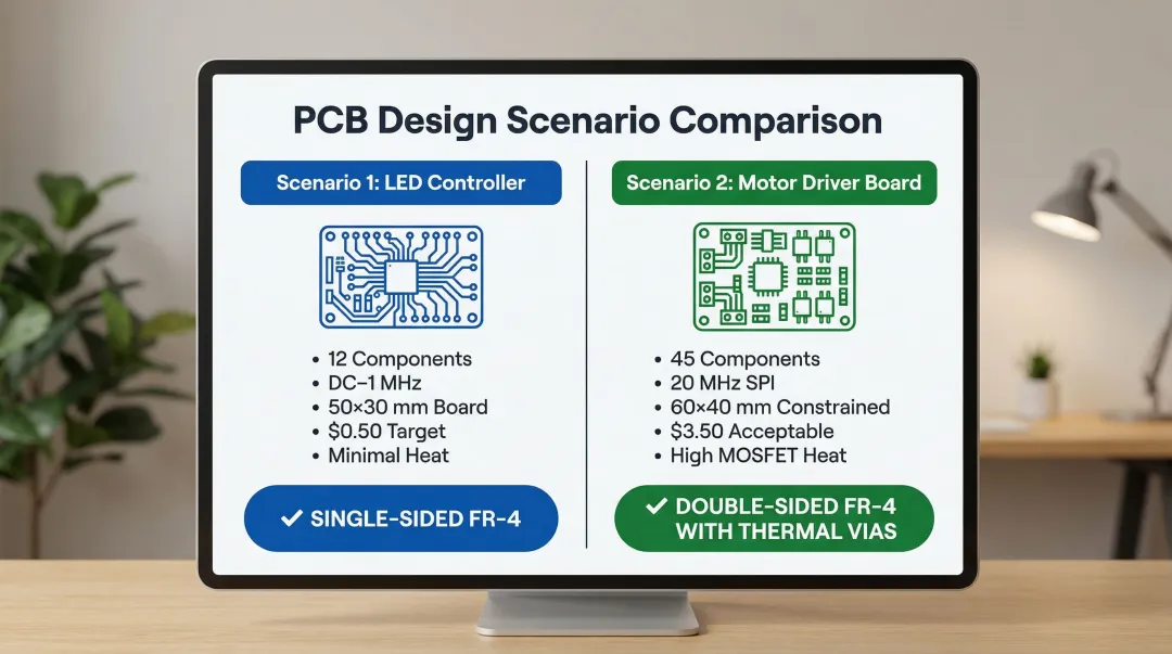 Two real-world PCB design scenarios comparing LED controller versus industrial motor driver board