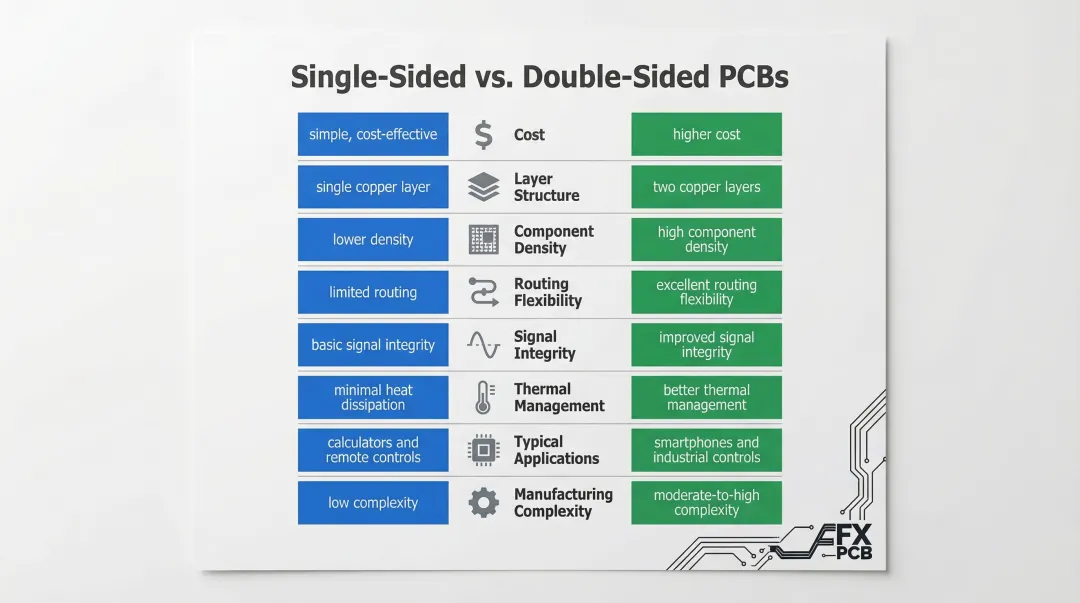Single-sided versus double-sided PCB comparison infographic covering eight key attributes