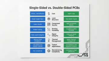 Single-sided versus double-sided PCB comparison infographic covering eight key attributes