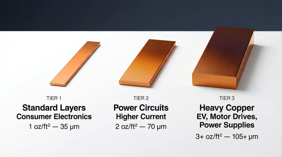 PCB copper weight thickness comparison chart showing three standard specification tiers