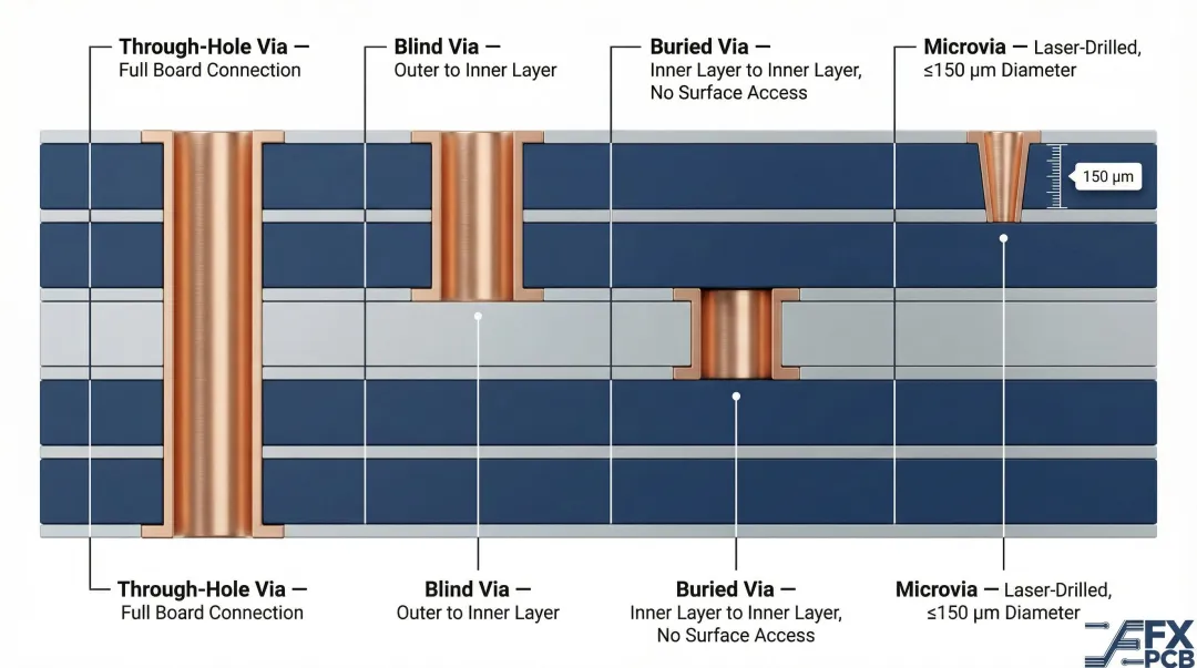 PCB via types diagram comparing through-hole blind buried and microvia cross-sections