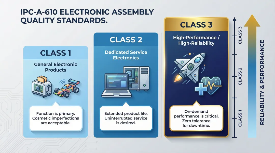 IPC-A-610 three quality class comparison infographic for PCB reliability standards