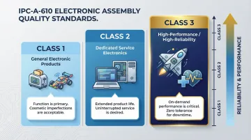 IPC-A-610 three quality class comparison infographic for PCB reliability standards