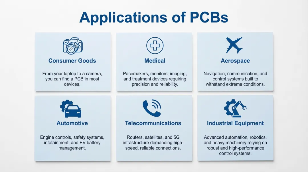 Diverse PCB application industries collage showing electronics automotive medical and aerospace devices