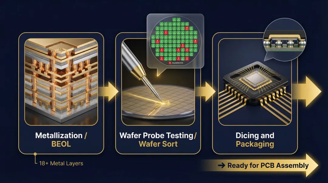 Semiconductor wafer finishing three-phase flow metallization probe testing dicing and packaging