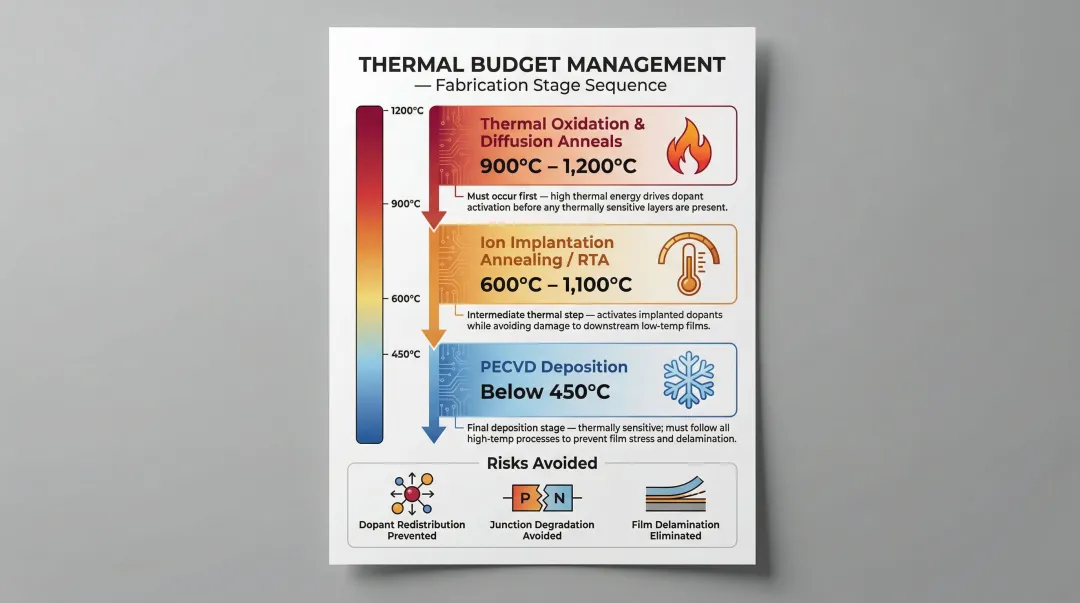Semiconductor fabrication thermal budget process sequencing high to low temperature steps diagram