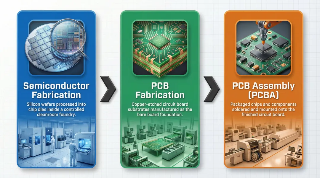 Three-stage electronics manufacturing process semiconductor fab PCB fab and PCBA comparison