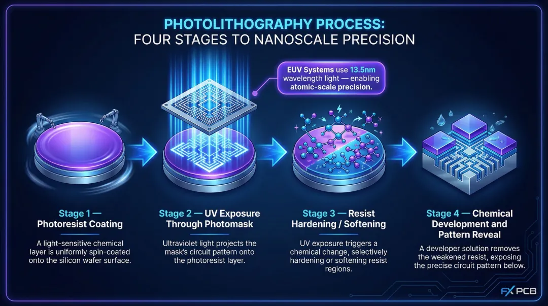 Four-step photolithography patterning process flow from resist coat to pattern development