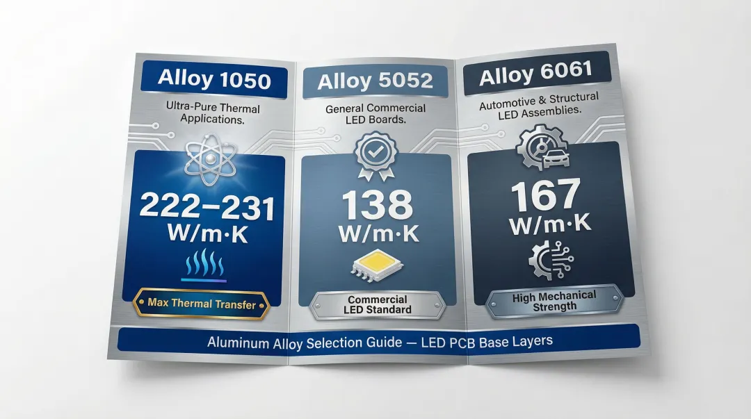 Three aluminum alloy types comparison chart for LED PCB thermal conductivity