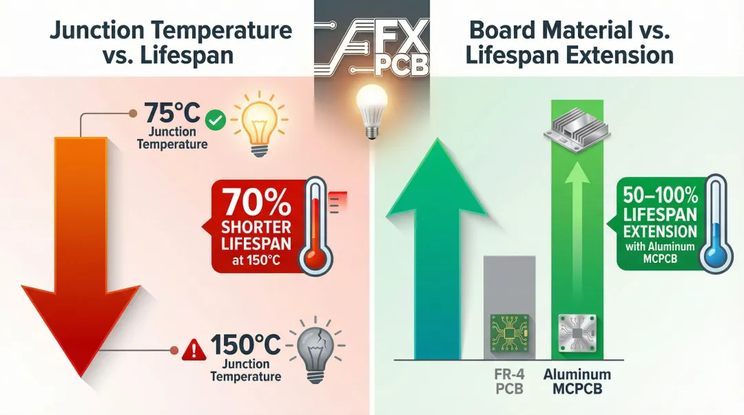 LED junction temperature versus lifespan reduction comparison infographic with data points