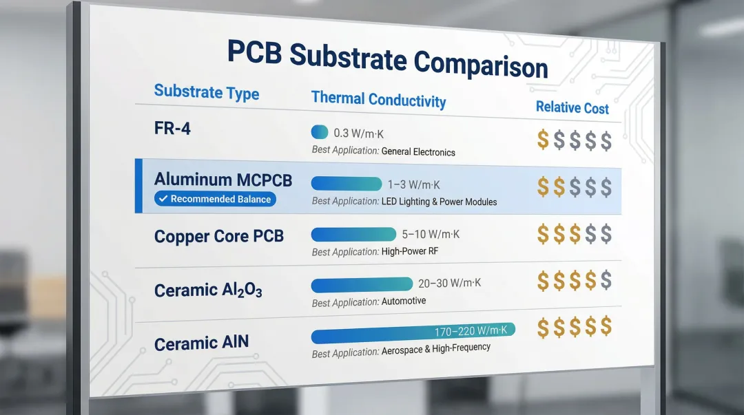 PCB substrate types thermal conductivity and cost comparison chart for LED applications