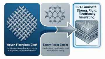 FR4 PCB material composition showing fiberglass cloth and epoxy resin layers