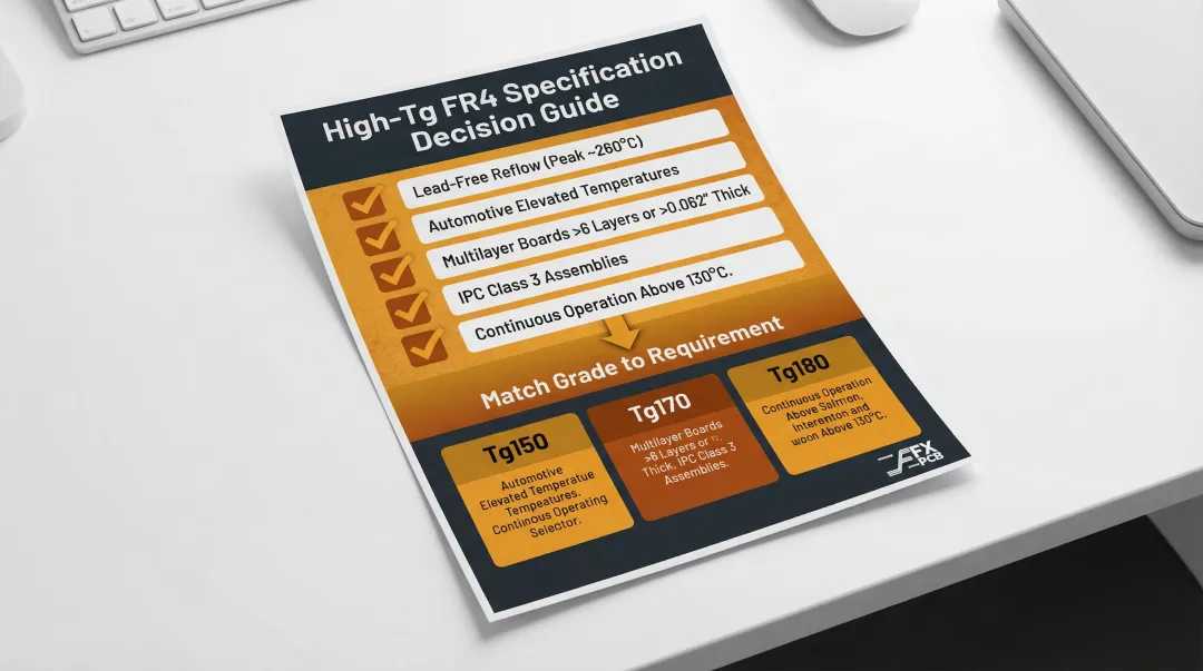 High-Tg FR4 grade selection criteria checklist with three temperature rating tiers