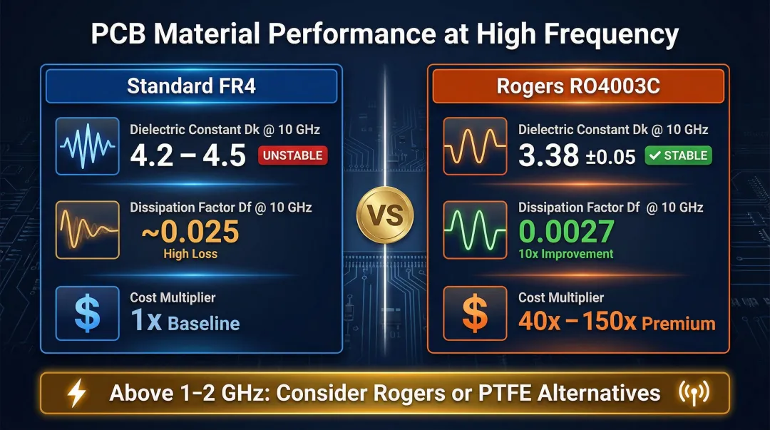 FR4 versus Rogers RO4003C high-frequency performance comparison infographic at 10 GHz