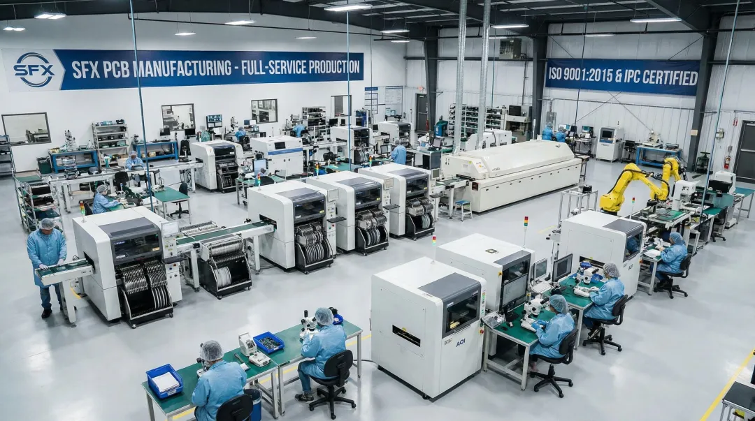 SFX PCB manufacturing facility showing SMT assembly line and production floor