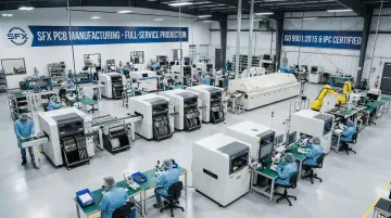 SFX PCB manufacturing facility showing SMT assembly line and production floor