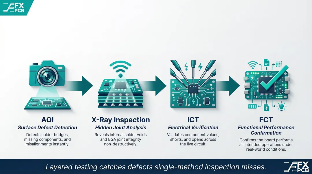 Four-layer PCB testing methods AOI X-ray ICT FCT process flow infographic
