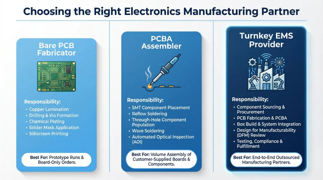 Three electronics manufacturing partner types comparison table infographic