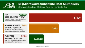 RF PCB substrate cost multiplier comparison FR4 Rogers PTFE laminate tiers