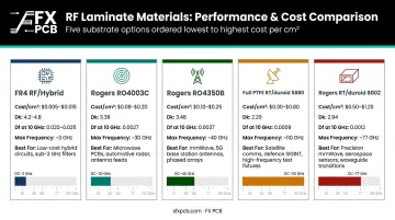 RF PCB material comparison table Dk Df cost and frequency range by laminate type