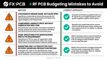 Four common RF PCB budgeting mistakes checklist infographic for engineers