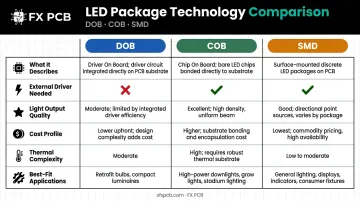 DOB versus COB versus SMD LED technology side-by-side comparison chart