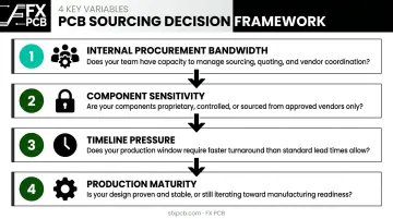 Four-variable PCB assembly model decision framework flowchart for procurement teams