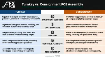 Turnkey versus consignment PCB assembly five-dimension side-by-side comparison infographic