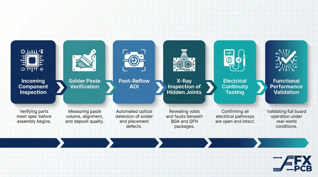 Six-stage PCB quality control testing process flow from incoming inspection to functional validation