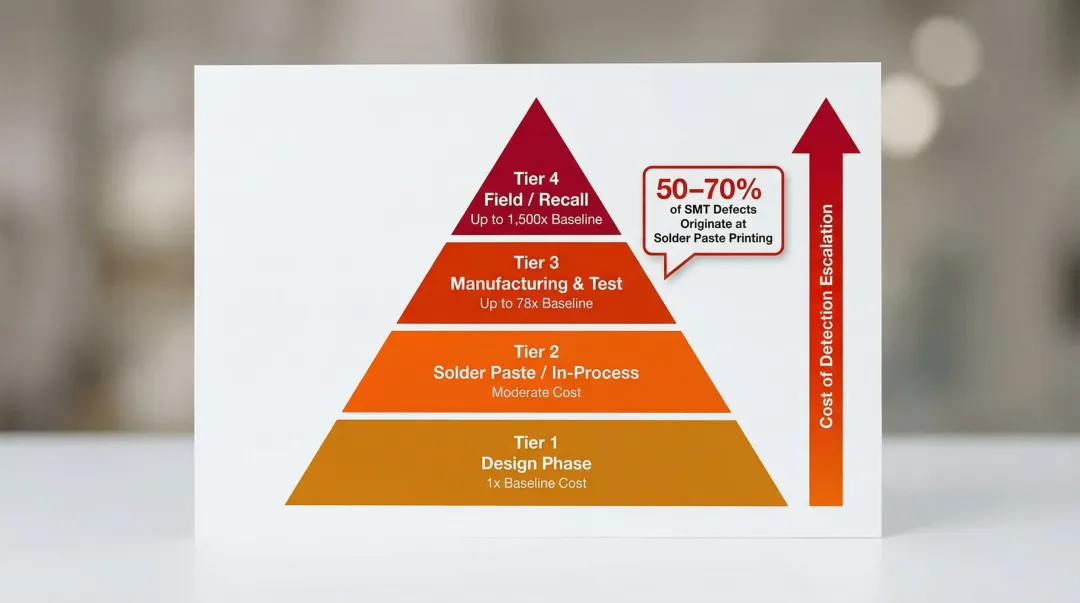 PCB defect cost escalation comparison from manufacturing stage to field recall