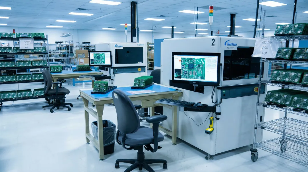 Automotive PCB assembly on manufacturing line undergoing quality inspection process