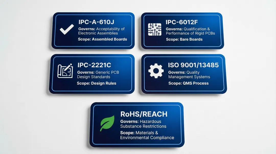 Key PCB quality standards comparison IPC-A-610 IPC-6012 IPC-2221 ISO RoHS overview