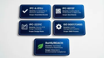 Key PCB quality standards comparison IPC-A-610 IPC-6012 IPC-2221 ISO RoHS overview