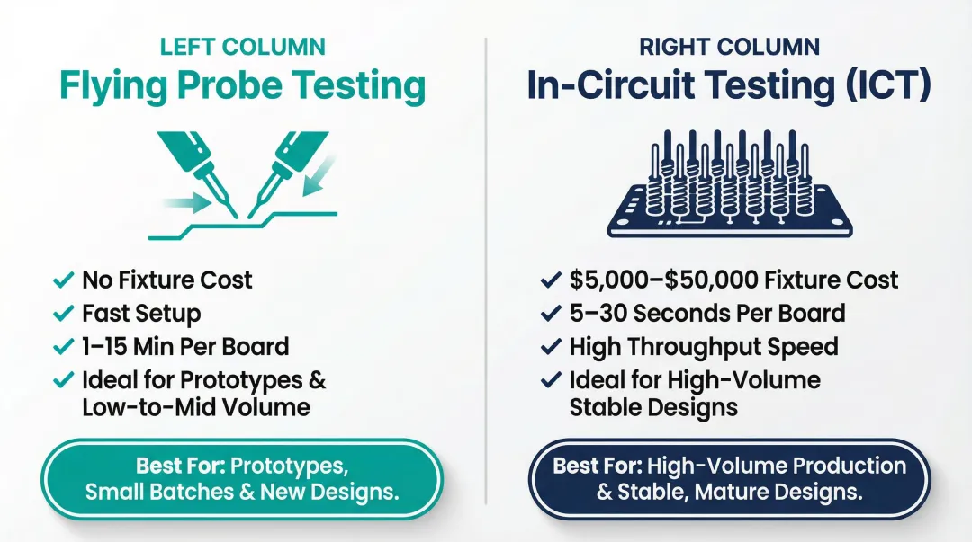Flying probe testing versus ICT in-circuit testing side-by-side comparison infographic