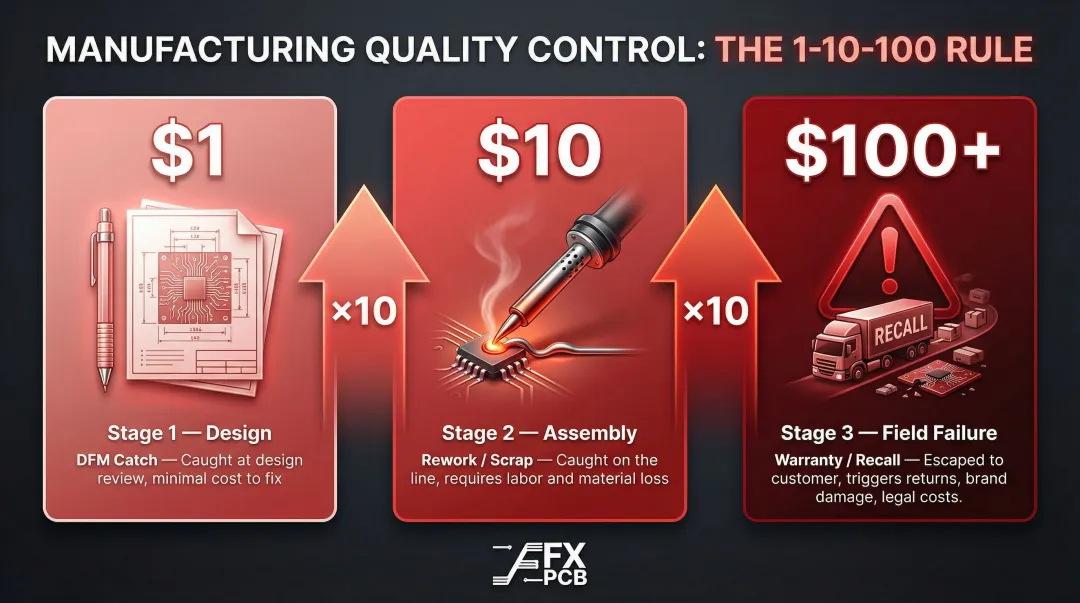 1-10-100 rule PCB defect cost escalation across design assembly and field stages