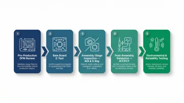 5-stage PCB quality validation process flow from DFM review to environmental testing